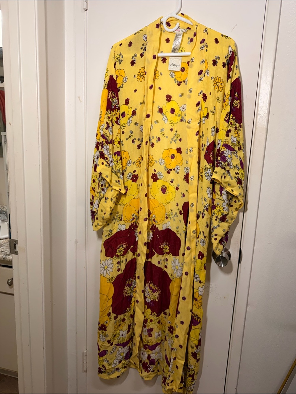 Free People Hidden Hills Maxi Kimono Yellow Floral Boho Duster Coverup One Size